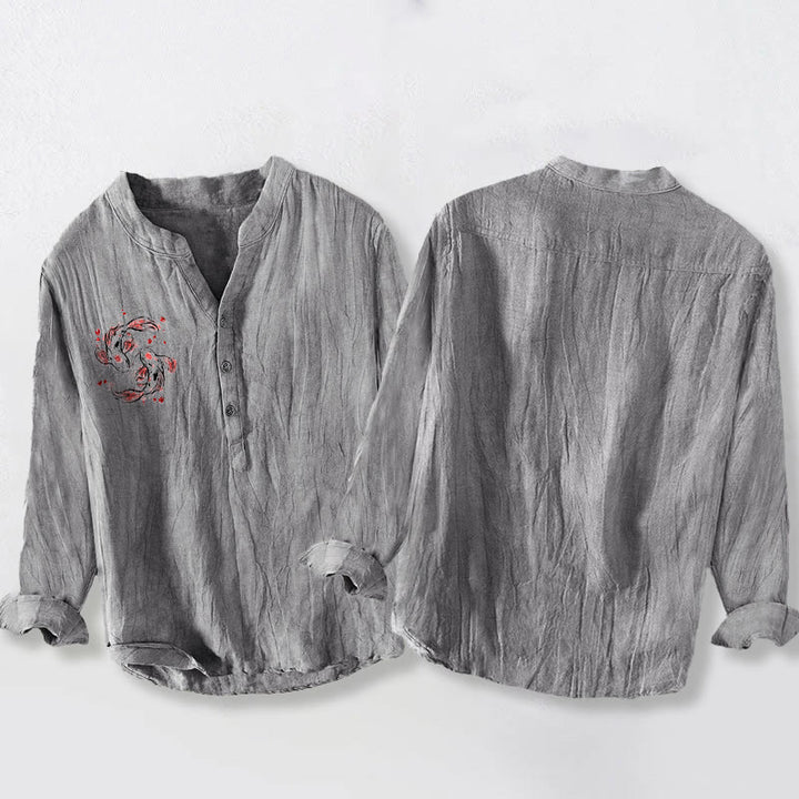 Chemise à manches longues pour homme en coton et lin, motif yin et yang, ornée de pierres de Buddha Stones et de carpes koï. - image 5