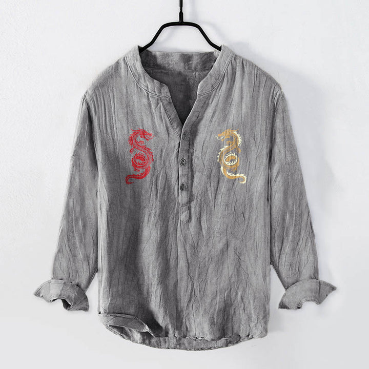 Chemise à manches longues pour homme en coton et lin, motif double dragon et Buddha Stones - Gris - US/UK/AU50,EU60 (5XL) - image 0