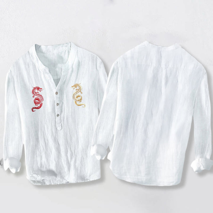 Chemise à manches longues pour homme en coton et lin, motif double dragon et Buddha Stones - image 5