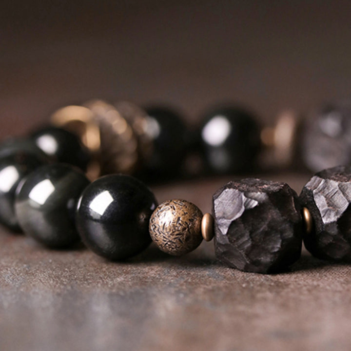 Bracelet couple force cuivre pierres de Buddha Stones obsidienne noire bois d'ébène