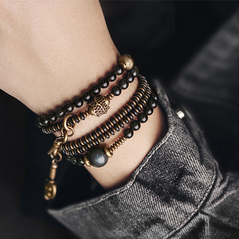 Bracelet multicouche positif en cuivre et bois d'ébène avec Buddha Stones arc-en-ciel obsidienne