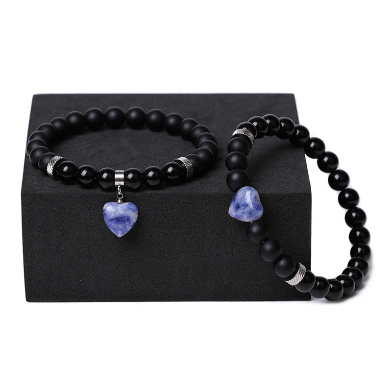 Bracelet de couple en pierre de cristal d'onyx noir Buddha Stones 2 pièces Protection du cœur d'amour