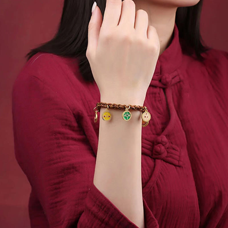 Bracelet Thangka Tibétain en Cordon Tressé Chanceux avec Cinq Dieux de la Richesse