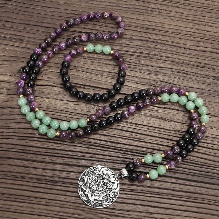 Bracelet de méditation Lotus en aventurine verte et améthyste avec 108 perles de Mala Buddha Stones