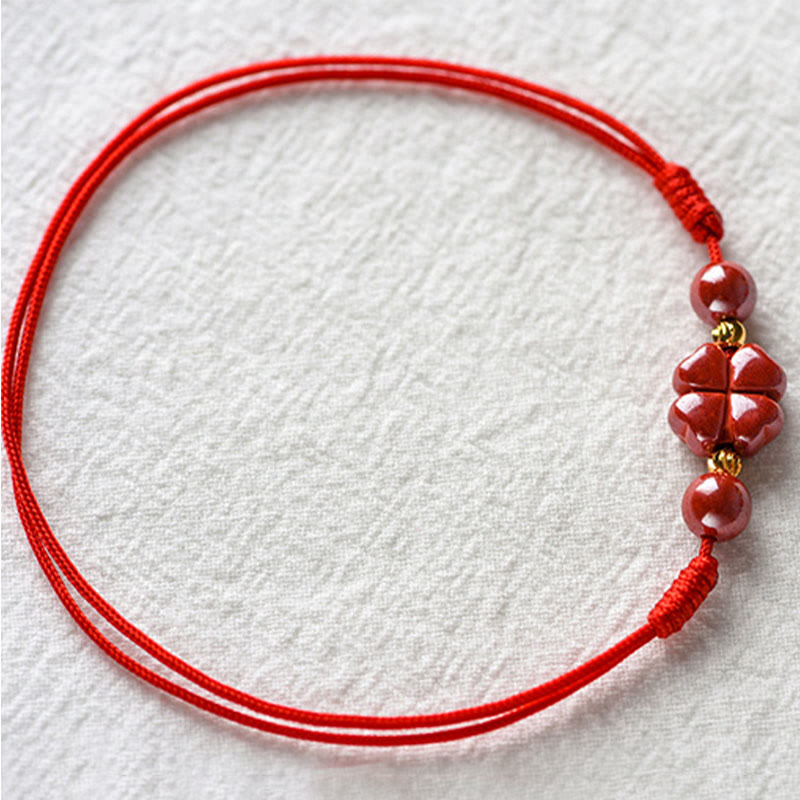 Bracelet de cheville en corde calme Buddha Stones à quatre feuilles et bénédiction en cinabre