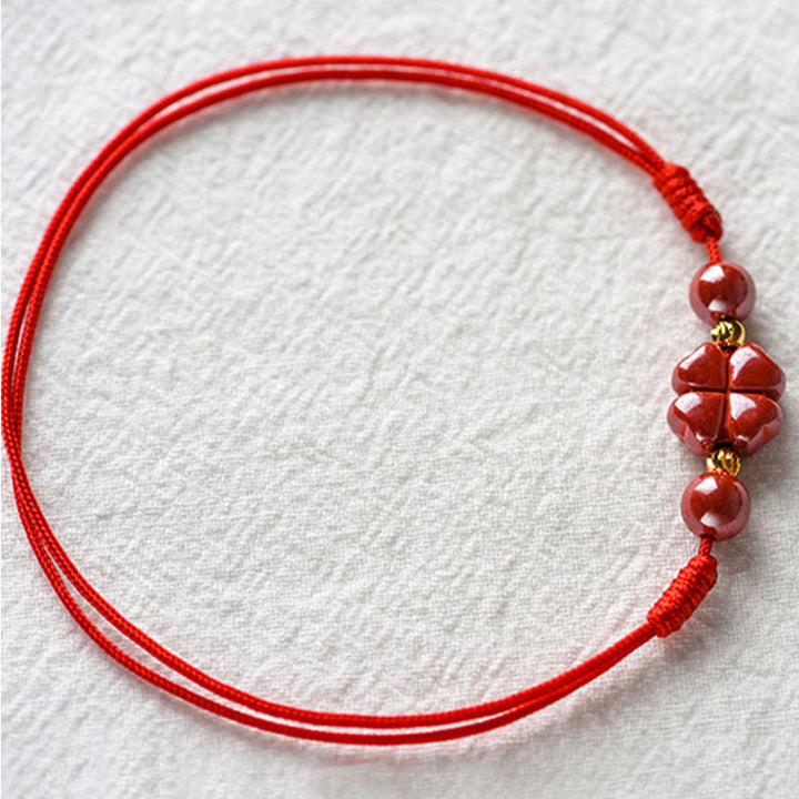 Bracelet de cheville en corde calme Buddha Stones à quatre feuilles et bénédiction en cinabre