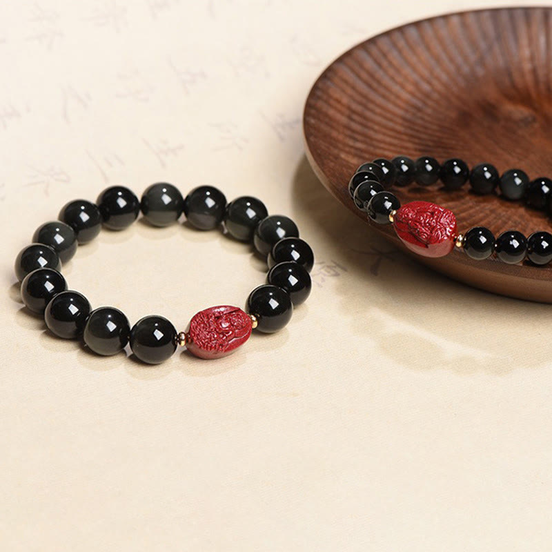 Bracelet de purification en obsidienne noire naturelle et cinabre avec Buddha Stones et zodiaque chinois