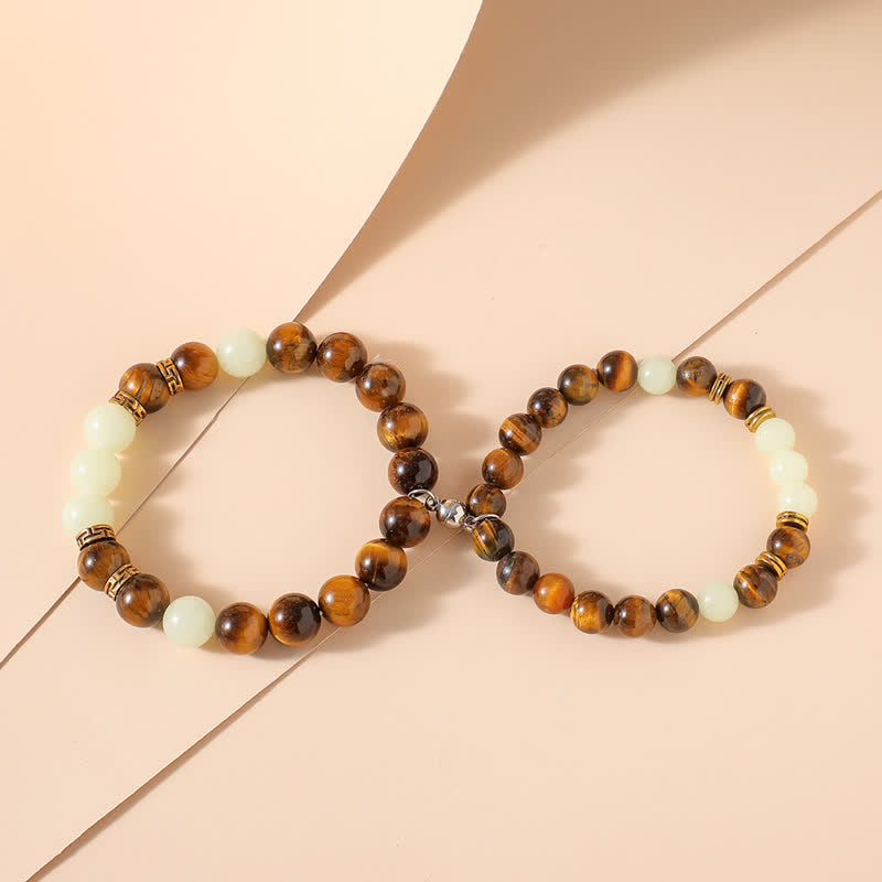 Lot de 2 bracelets de protection pour couple avec perles lumineuses en œil de tigre