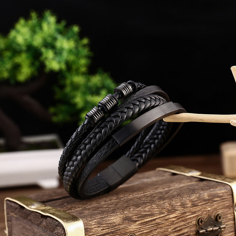 Bracelet en cuir multicouches avec boucle magnétique tressée en acier titane et Buddha Stones