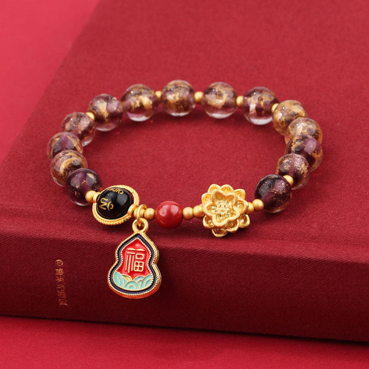 Bracelet porte-bonheur en perles de verre avec breloque en forme de gourde et de lotus Liuli, Buddha Stones tibétaines Om Mani Padme Hum Fu