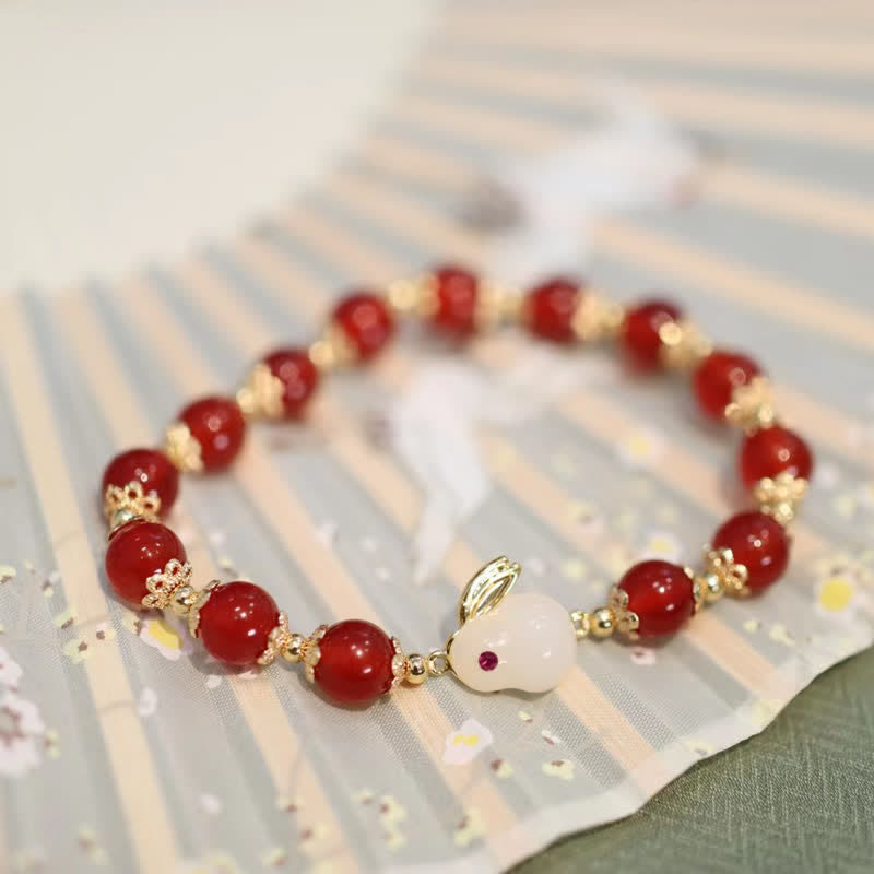 Bracelet de confiance en agate rouge naturelle et jade blanc de l'année du lapin