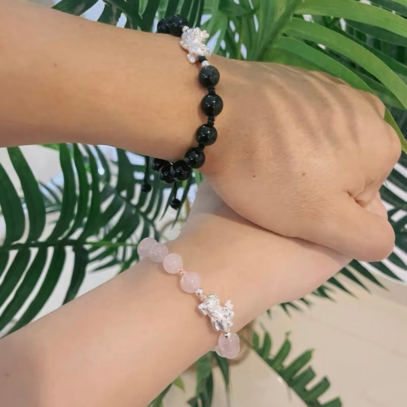 Bracelet de force PiXiu en obsidienne noire naturelle œil de chat et cristal rose Buddha Stones