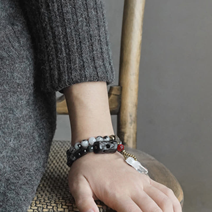 Bracelet Couple Succès en Bois d'Ébène et Quartz Rutile Noir et Cristal Blanc