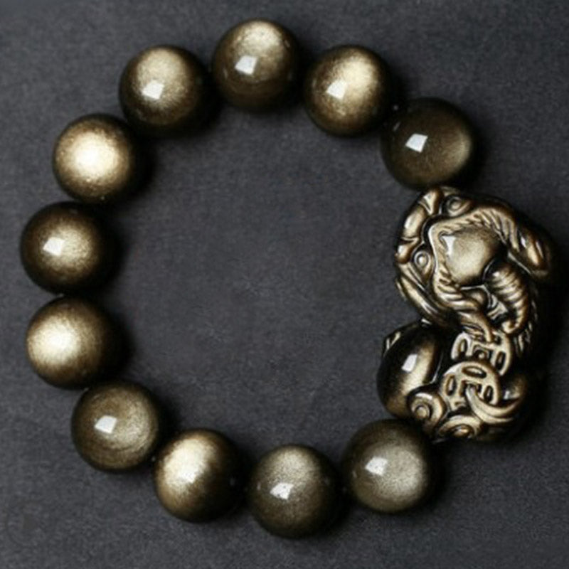 Bracelet de protection FengShui PiXiu en obsidienne dorée