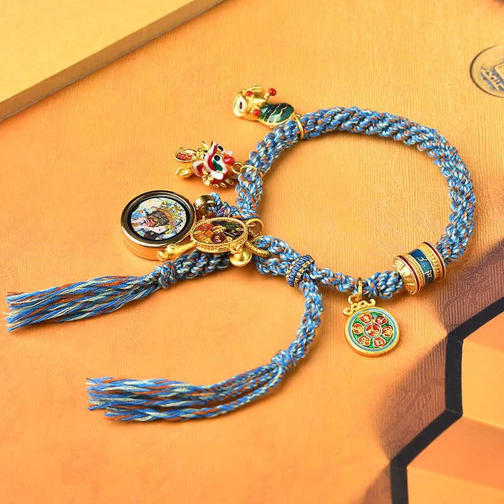 Bracelet tressé en corde avec roue de prière porte-bonheur Thangka Tibétain Zakiram Déesse de la richesse