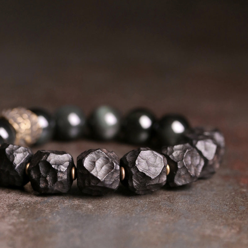 Bracelet couple force cuivre pierres de Buddha Stones obsidienne noire bois d'ébène