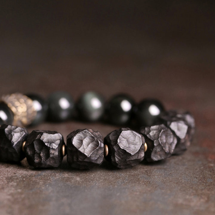 Bracelet couple force cuivre pierres de Buddha Stones obsidienne noire bois d'ébène