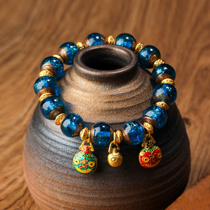 Bracelet porte-bonheur en perles de verre Liuli avec breloque de la famille des bêtes avaleuses en or et Buddha Stones