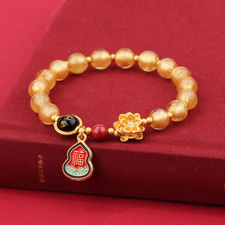 Bracelet porte-bonheur en perles de verre avec breloque en forme de gourde et de lotus Liuli, Buddha Stones tibétaines Om Mani Padme Hum Fu