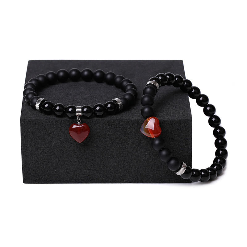 Bracelet de couple en pierre de cristal d'onyx noir Buddha Stones 2 pièces Protection du cœur d'amour