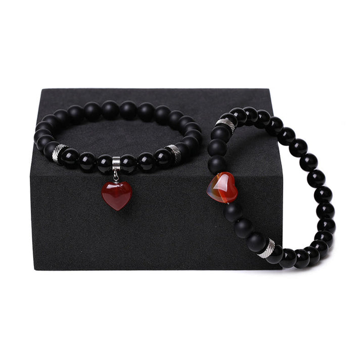 Bracelet de couple en pierre de cristal d'onyx noir Buddha Stones 2 pièces Protection du cœur d'amour