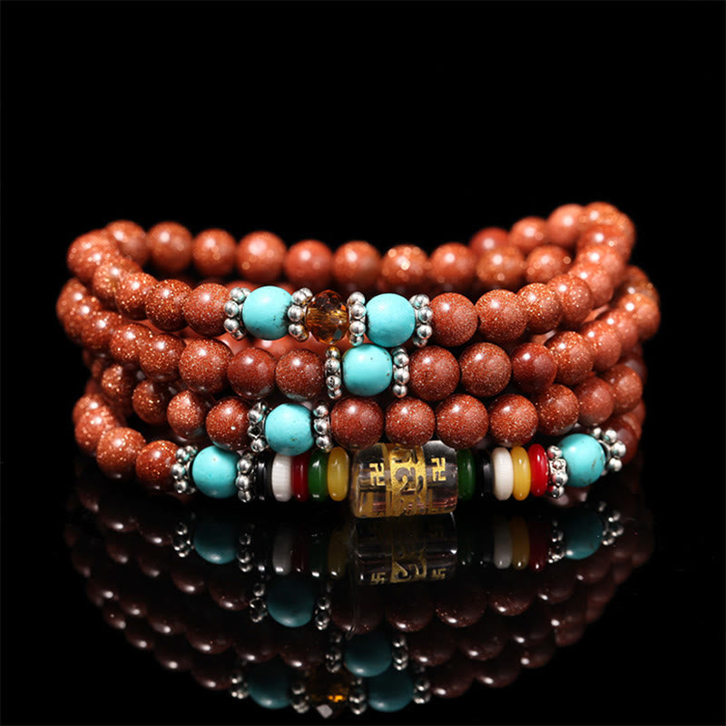 Bracelet de confiance avec 108 perles Mala en Buddha Stones Goldstone Om Mani Padme Hum Swastika
