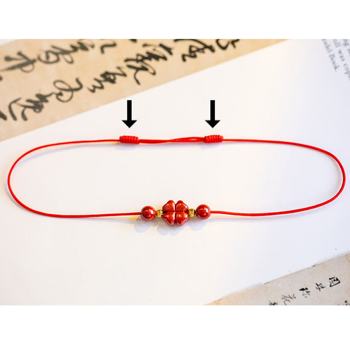 Bracelet de cheville en corde calme Buddha Stones à quatre feuilles et bénédiction en cinabre