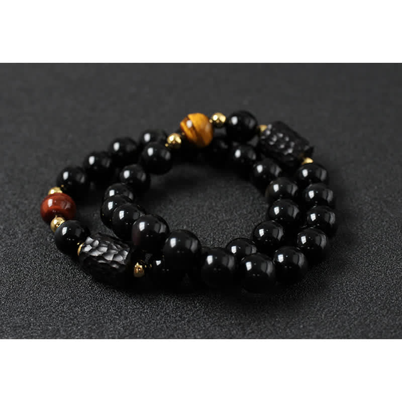 Bracelet de couple en obsidienne noire et bois d'ébène avec œil de tigre rouge