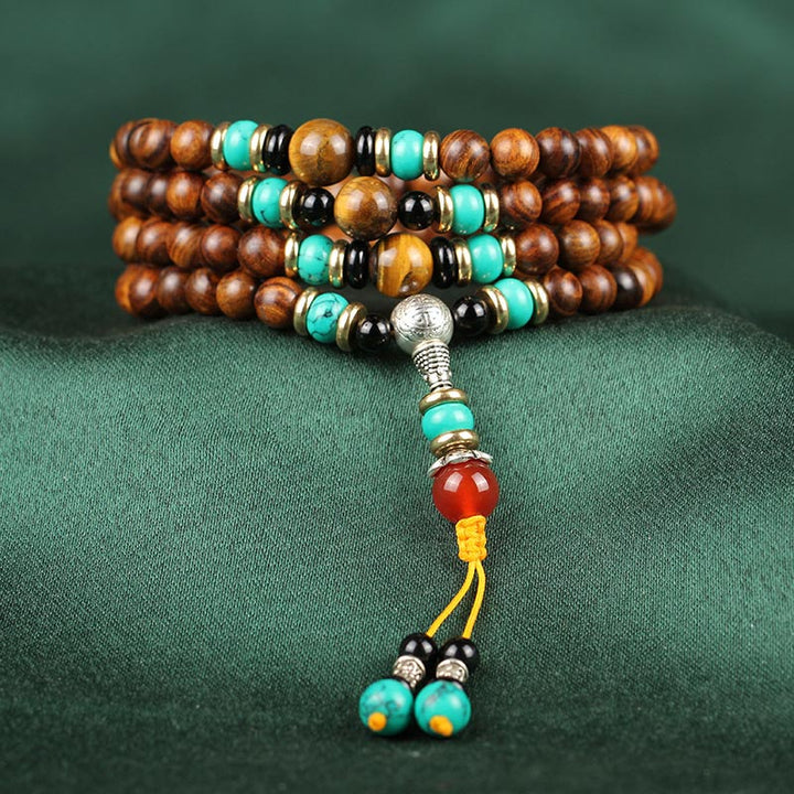 Bracelet de guérison Mala en bois de rose et œil de tigre avec 108 Buddha Stones