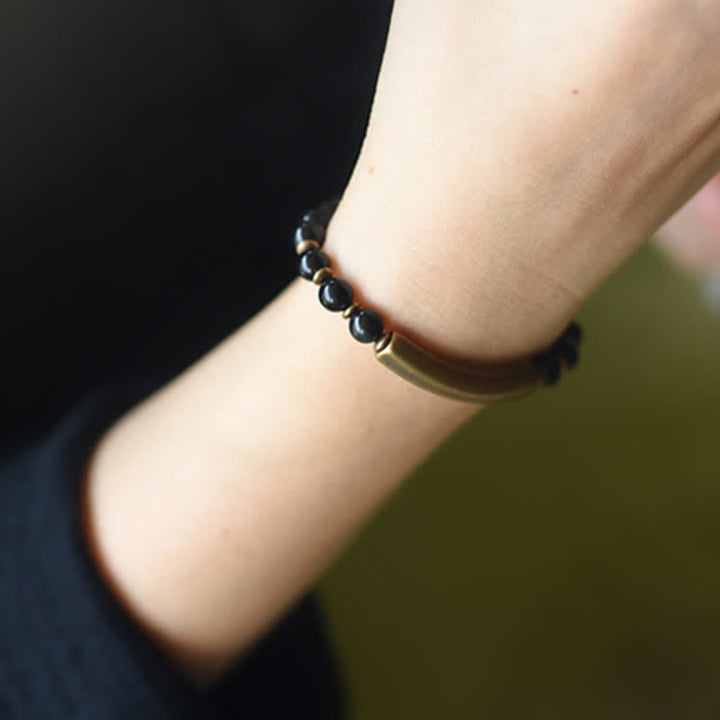Bracelet couple paix en cuivre et cristal d'obsidienne noire en Buddha Stones Jaspe rouge Agate mousse