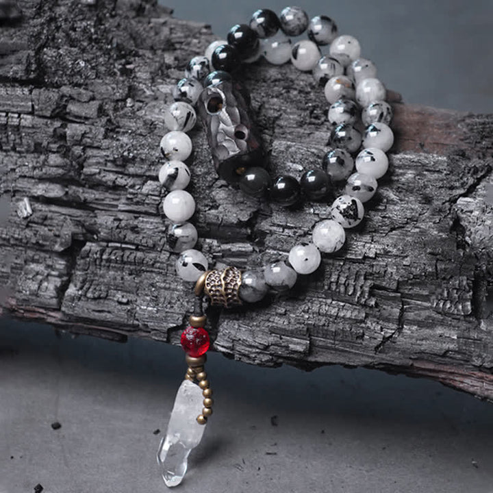 Bracelet Couple Succès en Bois d'Ébène et Quartz Rutile Noir et Cristal Blanc