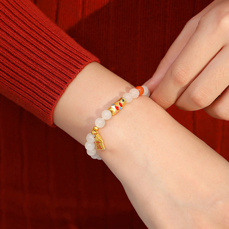 Bracelet porte-bonheur en argent sterling 925 Buddha Stones et jade blanc Hetian, agate rouge, poisson koï