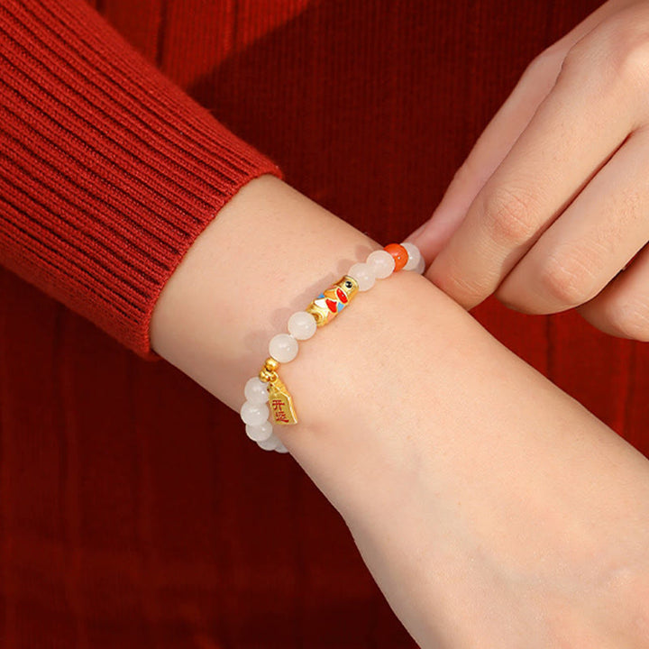 Bracelet porte-bonheur en argent sterling 925 Buddha Stones et jade blanc Hetian, agate rouge, poisson koï