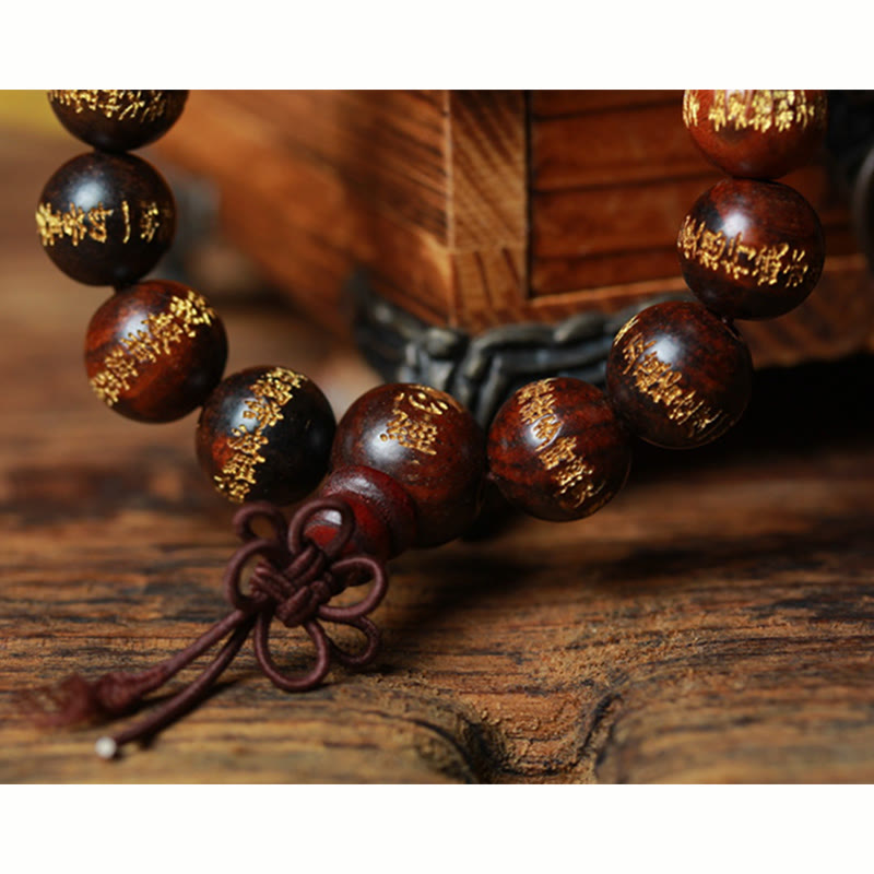 Bracelet de guérison gravé Sutra du cœur en bois de rose tibétain