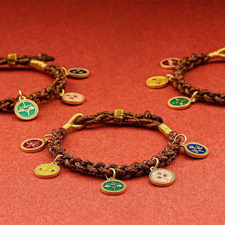 Bracelet Thangka Tibétain en Cordon Tressé Chanceux avec Cinq Dieux de la Richesse