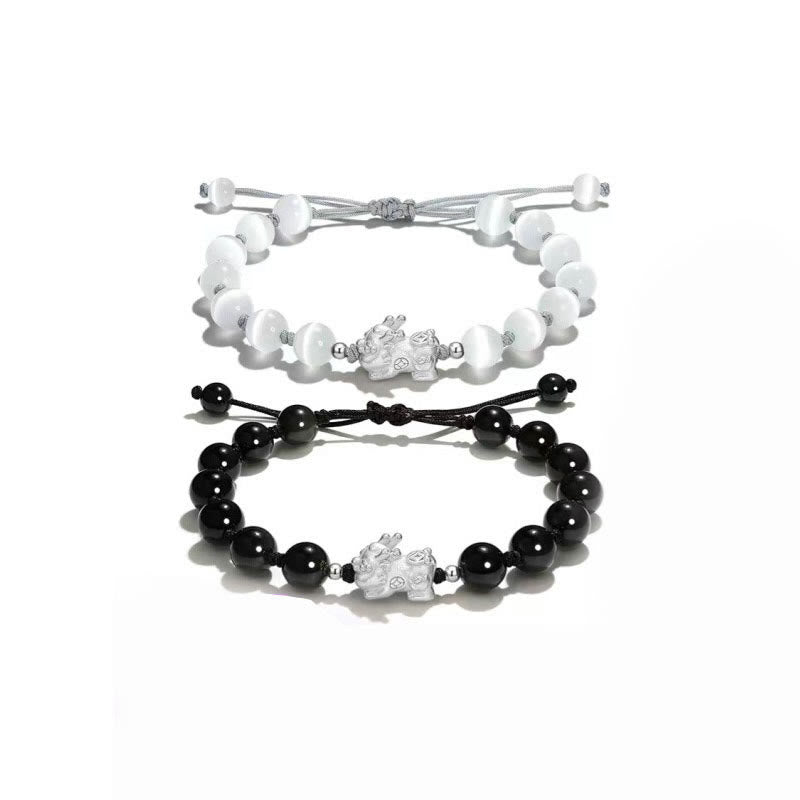 Bracelet de force PiXiu en obsidienne noire naturelle œil de chat et cristal rose Buddha Stones