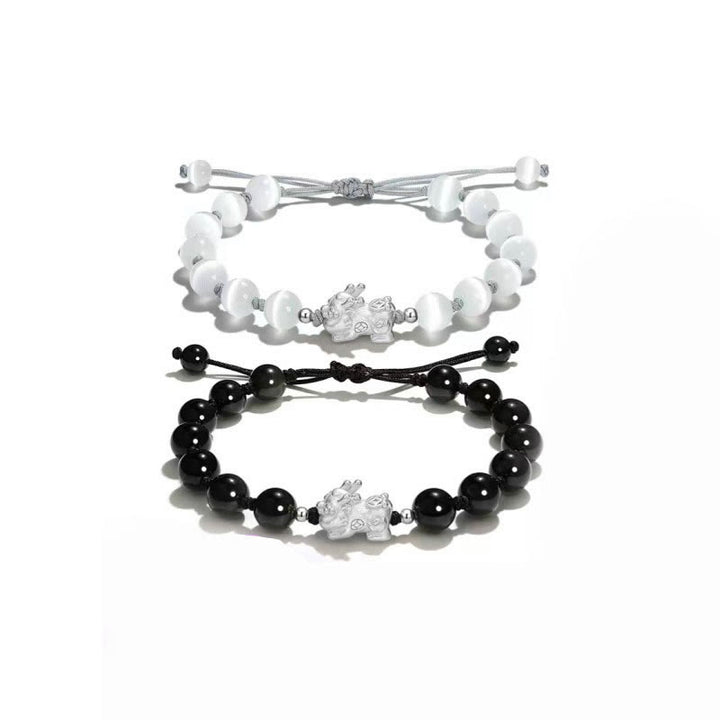 Bracelet de force PiXiu en obsidienne noire naturelle œil de chat et cristal rose Buddha Stones