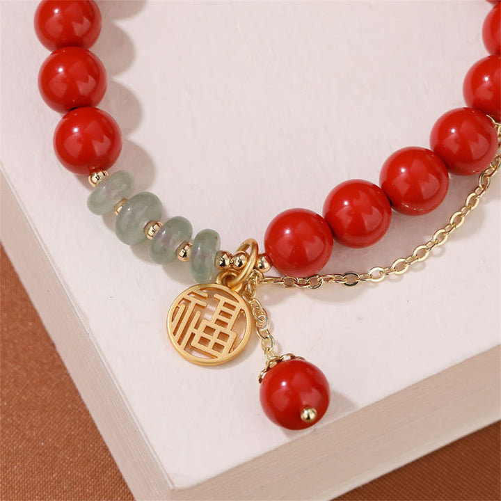 Bracelet de jade apaisant de caractère Fu de bon augure avec Buddha Stones en cinabre