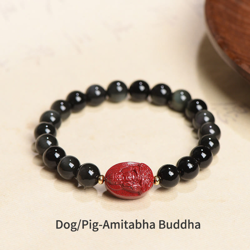 Bracelet de purification en obsidienne noire naturelle et cinabre avec Buddha Stones et zodiaque chinois