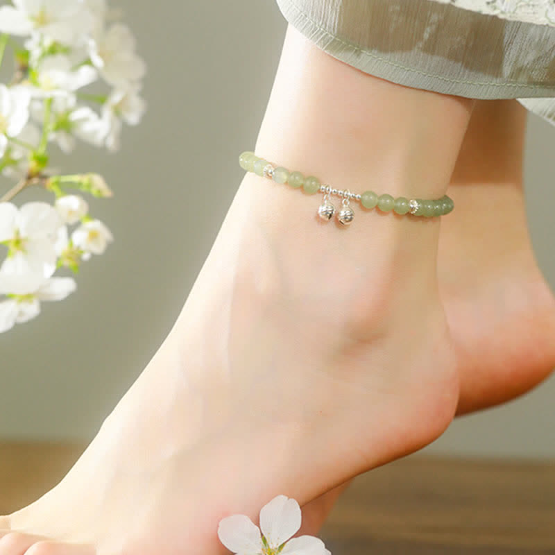 Bracelet de cheville en argent sterling 925 avec breloque en forme de cloche de prospérité en jade naturel Hetian