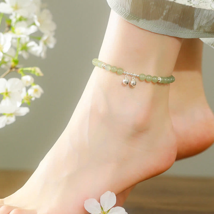 Bracelet de cheville en argent sterling 925 avec breloque en forme de cloche de prospérité en jade naturel Hetian