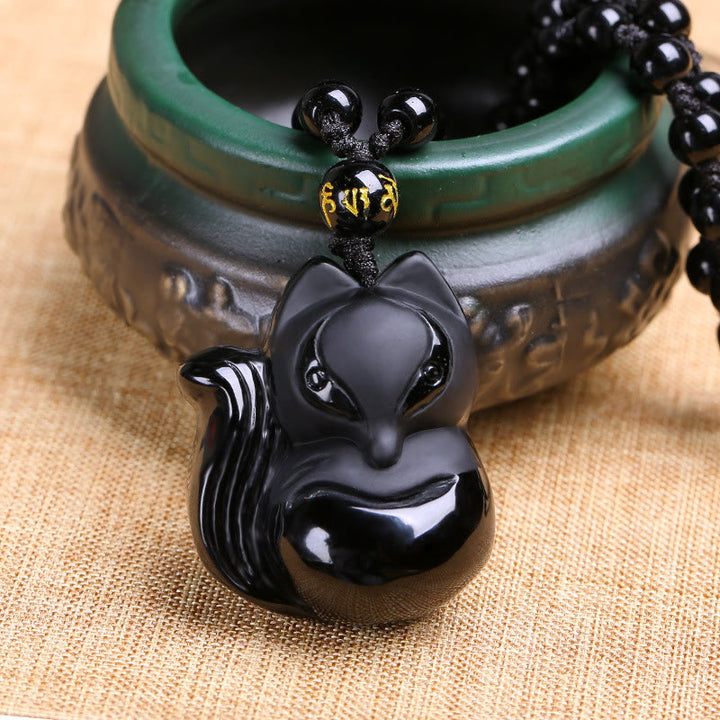 Buddha Stones Collier Amulette pendentif Renard en Obsidienne noire naturelle Oeil de tigre Obsidienne glacée