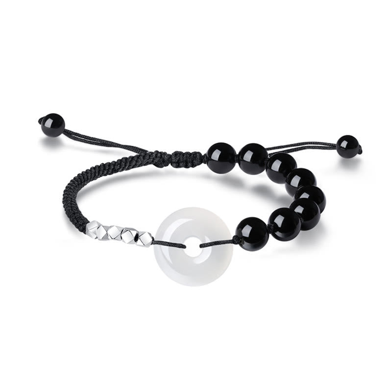 Bracelet de force en argent sterling 925 avec boucle de paix et agate obsidienne noire de Buddha Stones