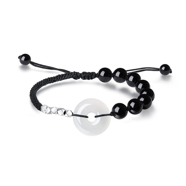 Bracelet de force en argent sterling 925 avec boucle de paix et agate obsidienne noire de Buddha Stones