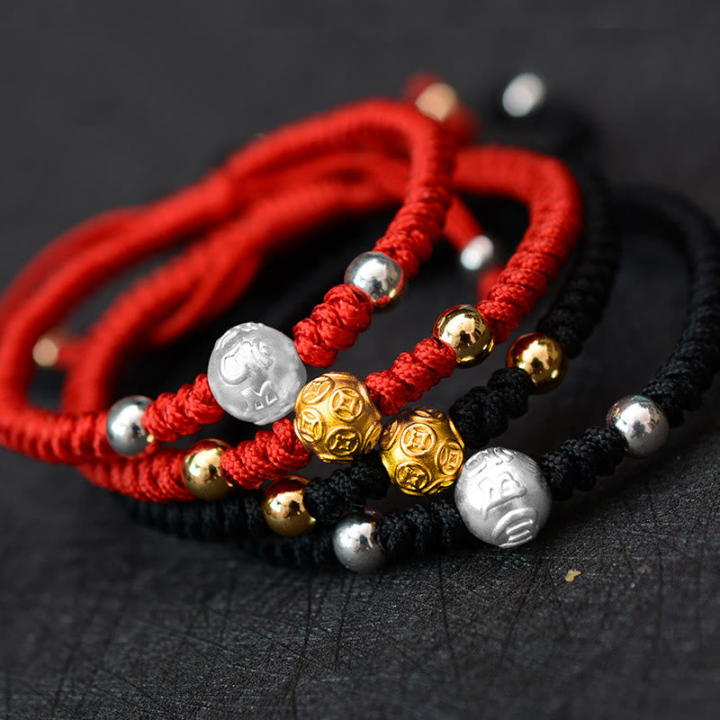 Bracelet couple en argent sterling 999 Buddha Stones et pièce de cuivre Om Mani Padme Hum