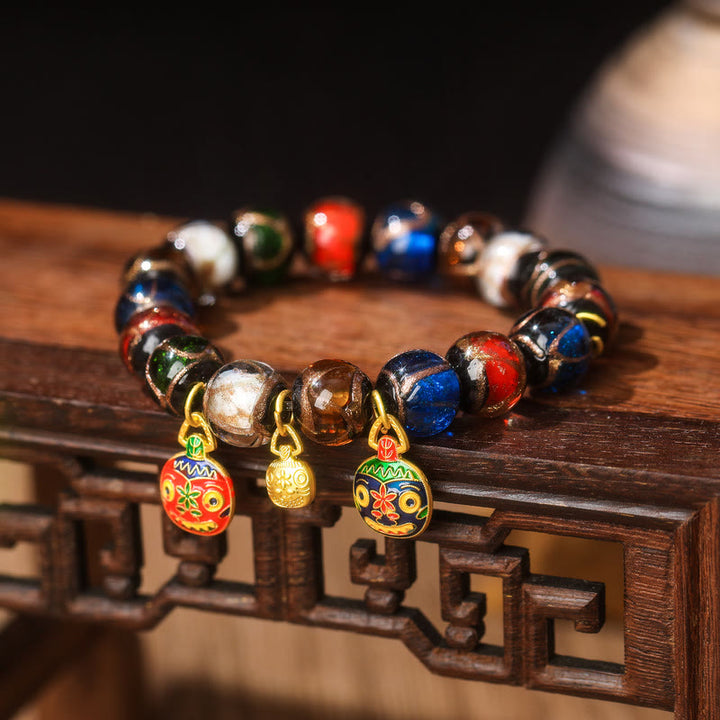 Bracelet porte-bonheur en perles de verre Liuli avec breloque de la famille des bêtes avaleuses en or et Buddha Stones