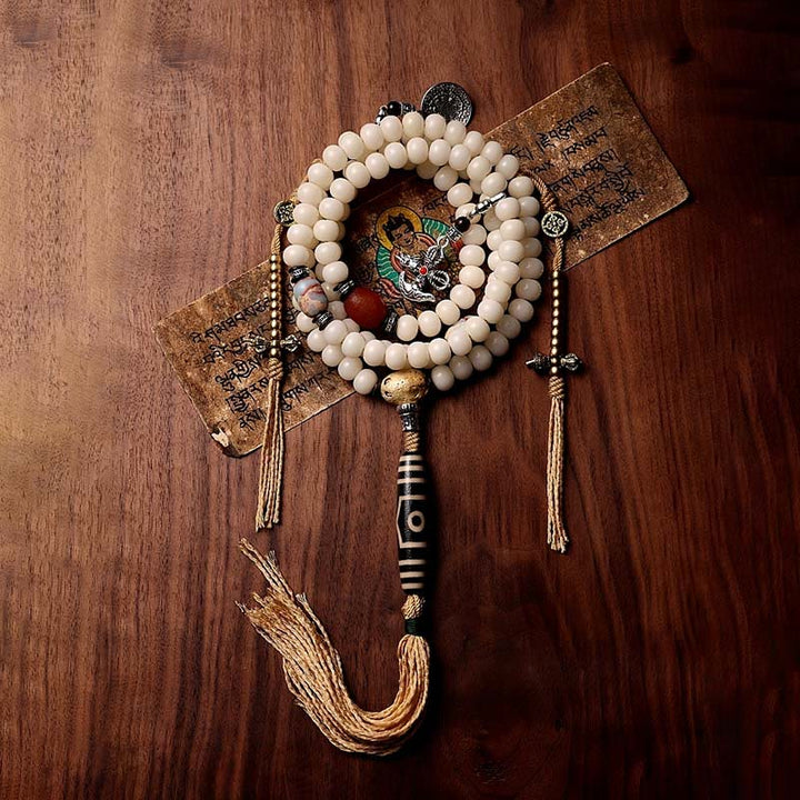 Bracelet de richesse en agate grise avec 108 perles de Mala en Buddha Stones du Tibet, graines de Bodhi, Bagua, Vajra, Dzi
