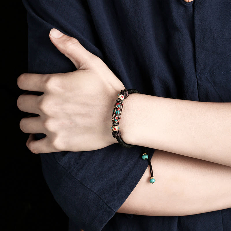 Bracelet tressé en turquoise tibétain fait main avec Buddha Stones Om Mani Padme Hum