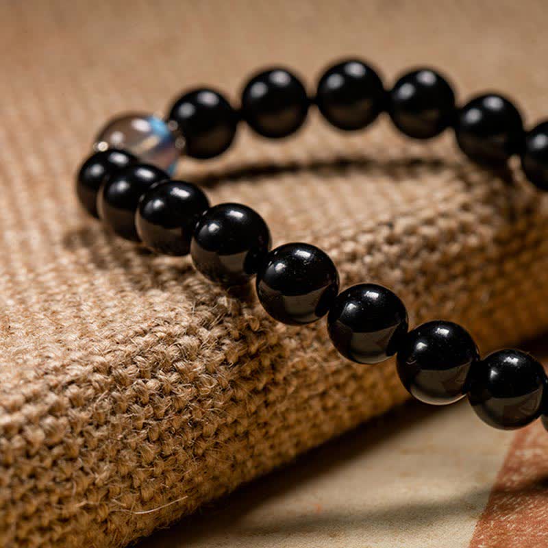 Bracelet de force en argent sterling 925 avec pierre de lune et obsidienne noire et Bouddha du zodiaque chinois