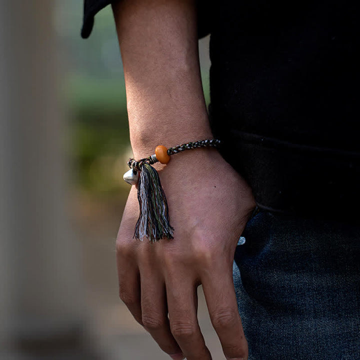 Bracelet de protection des souhaits en argent sterling 990 tibétain fait à la main avec poids en acier et ambre